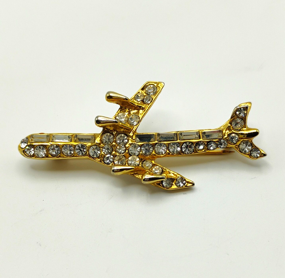 Gold Tone Airplane Brooch Pin White Crystal Rhinestone 2 in Aviation Theme